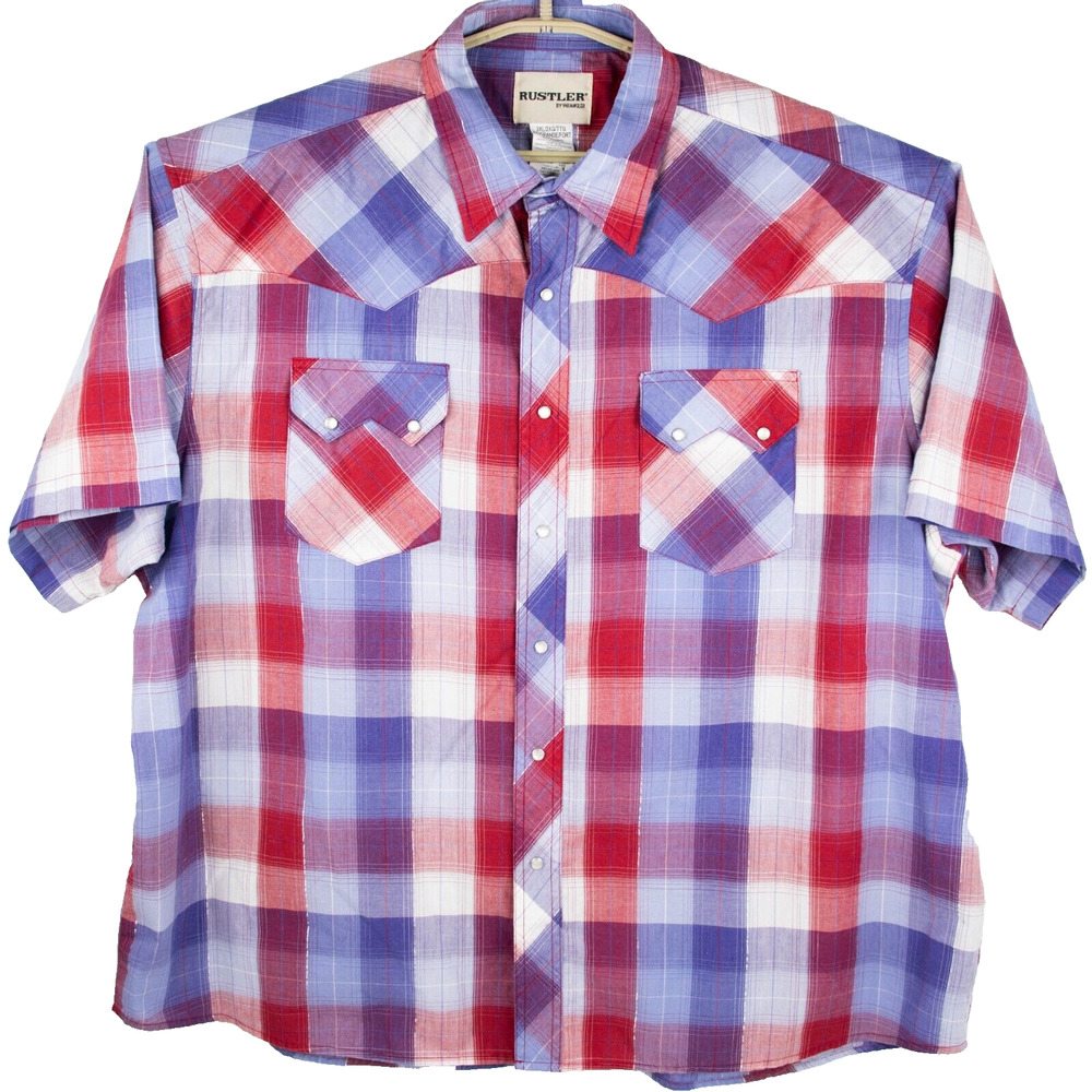 Rustler By Wrangler Western Short Sleeve Shirt Mens 2XL Pearl Snap Sawtooth
